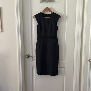 J crew wool dress with grosgrain black ribbon around waist